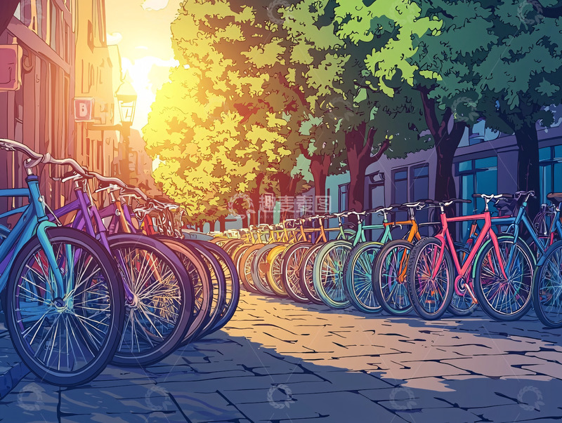 高清大图下载【趣麦麦图】自行车停放街边阳光正好