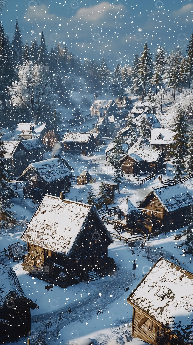 高清大图下载【趣麦麦图】雪中木屋村庄