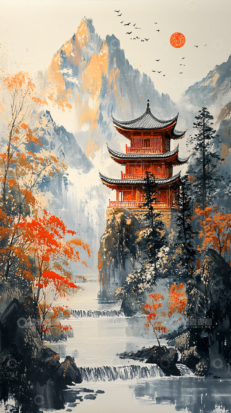 高清大图下载【趣麦麦图】水墨风山水古建筑