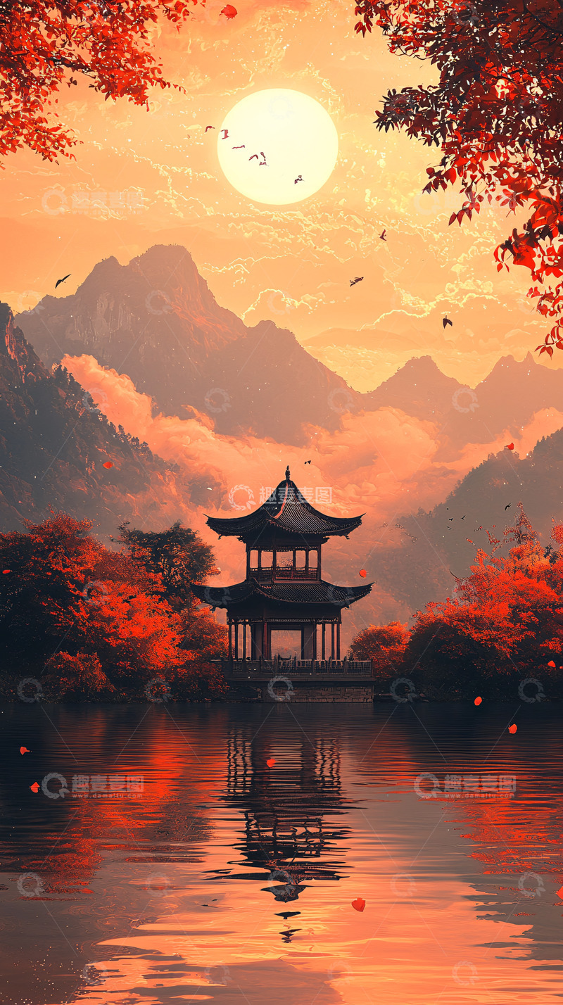 高清大图下载【趣麦麦图】秋季山水亭台楼阁