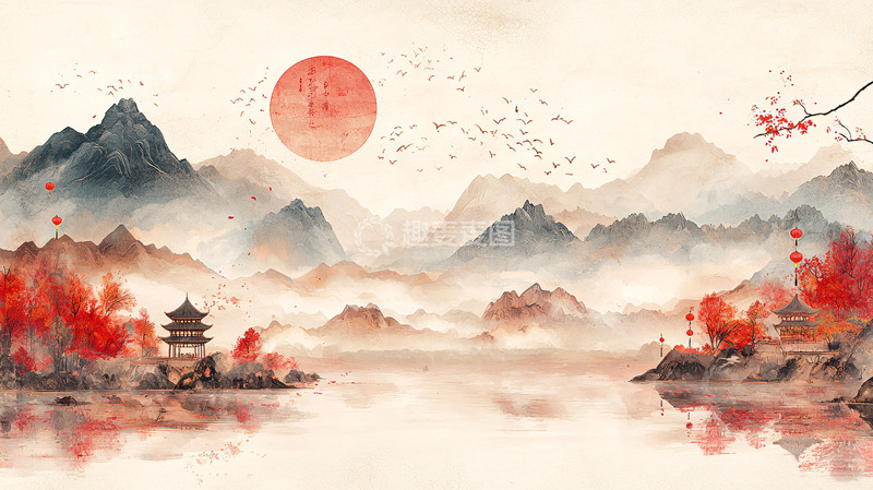 高清大图下载【趣麦麦图】水墨山水风景日出鸟群