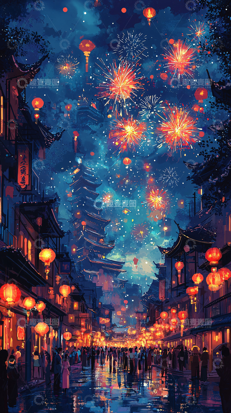 高清大图下载【趣麦麦图】夜空烟花古镇夜景