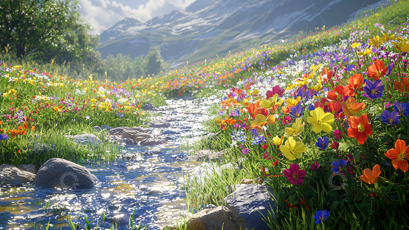高清大图下载【趣麦麦图】山间溪流野花盛开