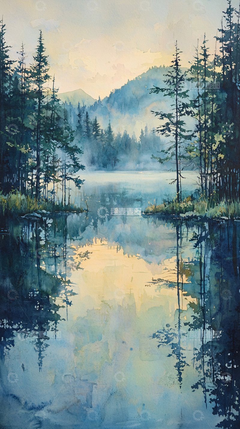 高清大图下载【趣麦麦图】清晨雾气朦胧山湖倒影