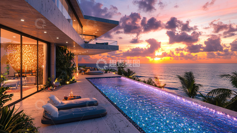 高清大图下载【趣麦麦图】海景别墅日落