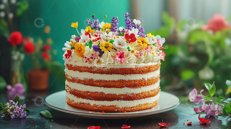 高清大图下载【趣麦麦图】鲜花装饰的裸蛋糕