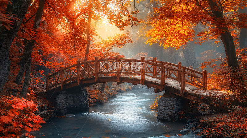 高清大图下载【趣麦麦图】秋日森林小桥流水