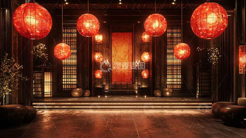 高清大图下载【趣麦麦图】中国风红色灯笼室内场景