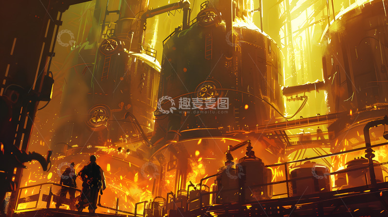 高清大图下载【趣麦麦图】铸钢厂炼钢场景手绘插画