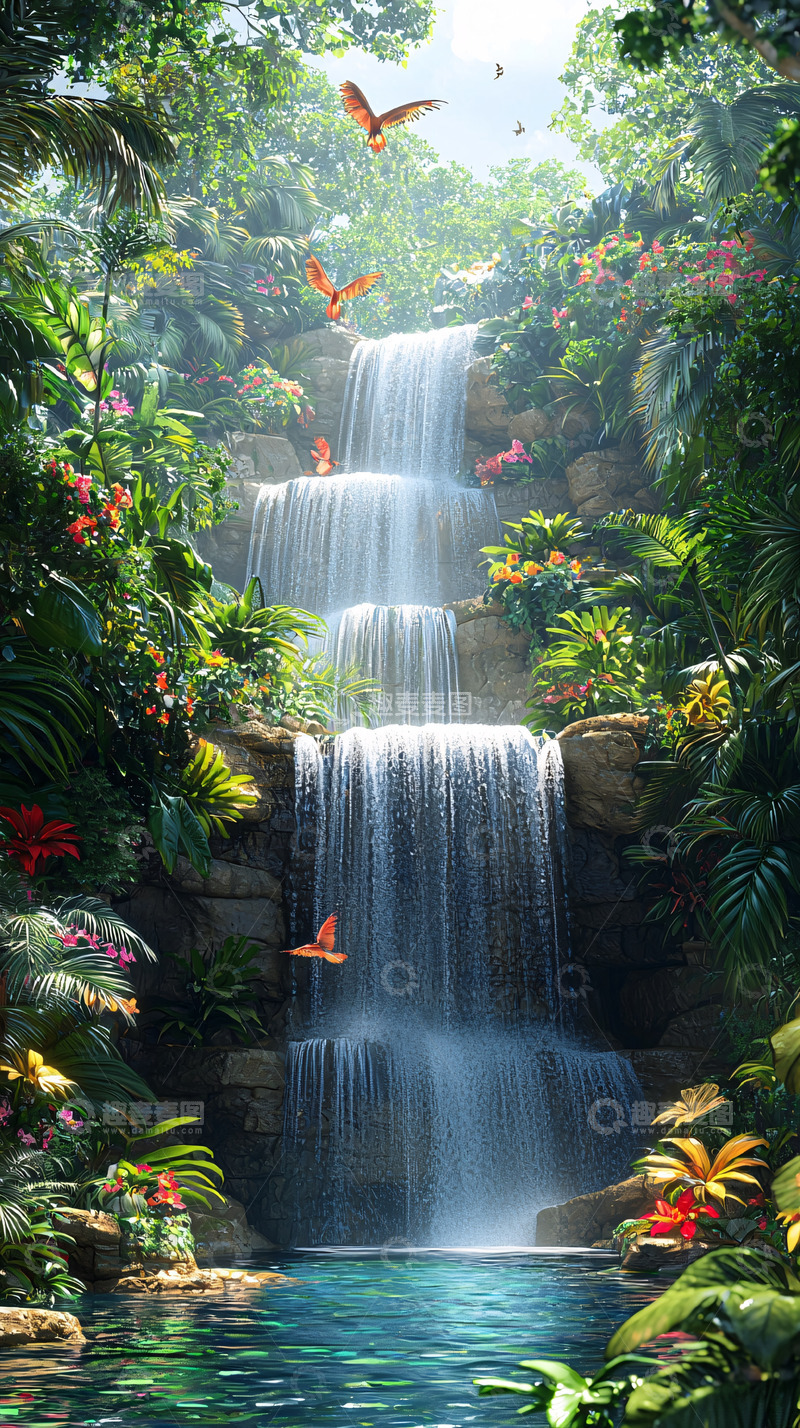 高清大图下载【趣麦麦图】热带雨林瀑布风景