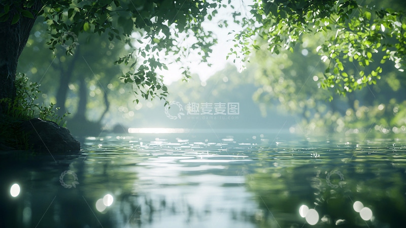 高清大图下载【趣麦麦图】阳光透过树林照射在河面上