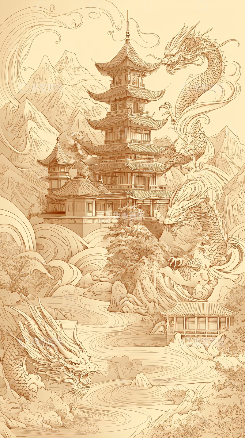 高清大图下载【趣麦麦图】中国风塔楼与龙的素描