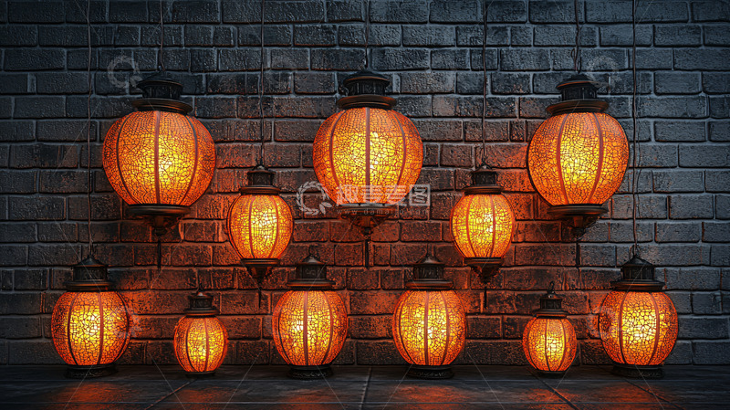 高清大图下载【趣麦麦图】暖色调灯笼挂在砖墙前