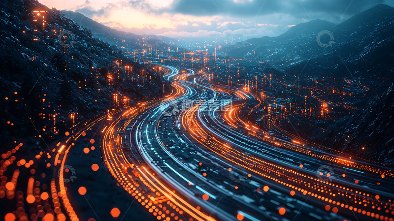 高清大图下载【趣麦麦图】山谷中蜿蜒的灯火公路