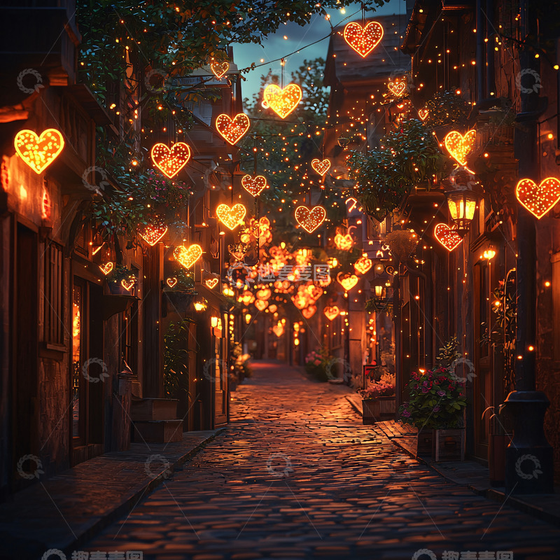 高清大图下载【趣麦麦图】夜晚街道爱心灯饰