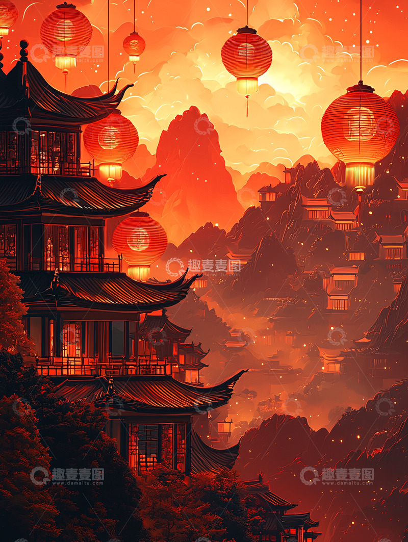 高清大图下载【趣麦麦图】红灯笼山间古建筑