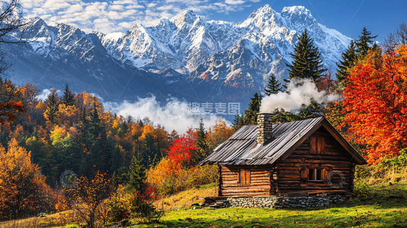 高清大图下载【趣麦麦图】秋日山林木屋