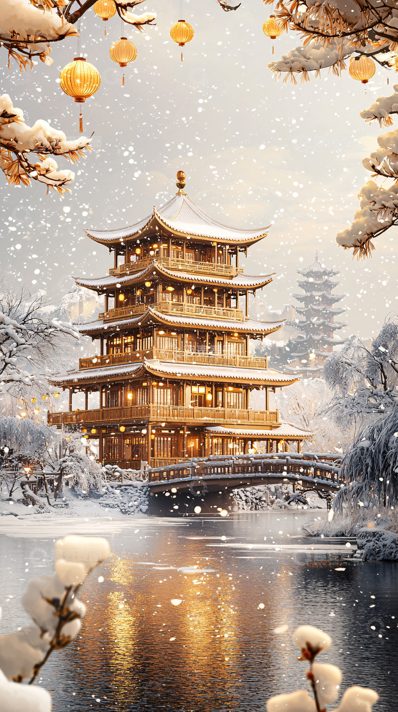 高清大图下载【趣麦麦图】雪中金色古建筑