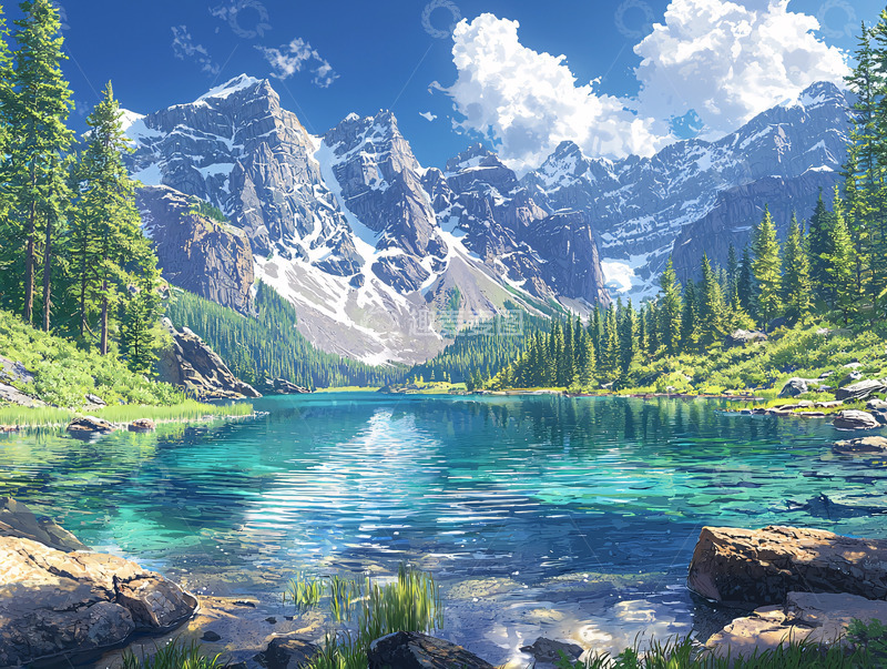 高清大图下载【趣麦麦图】雪山湖泊风景画