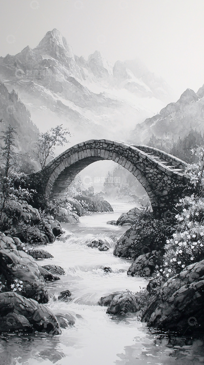高清大图下载【趣麦麦图】黑白石桥流水山脉雾气缭绕