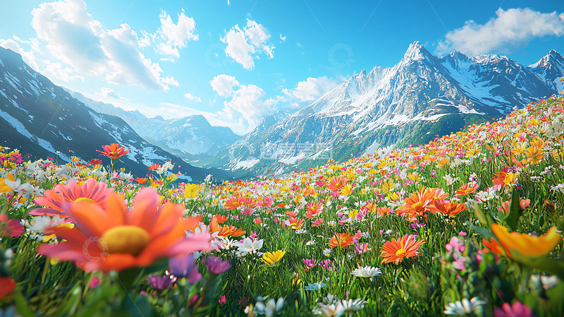 高清大图下载【趣麦麦图】阳光明媚下的高山花海