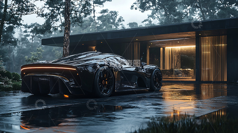 高清大图下载【趣麦麦图】雨中豪宅旁的黑色跑车