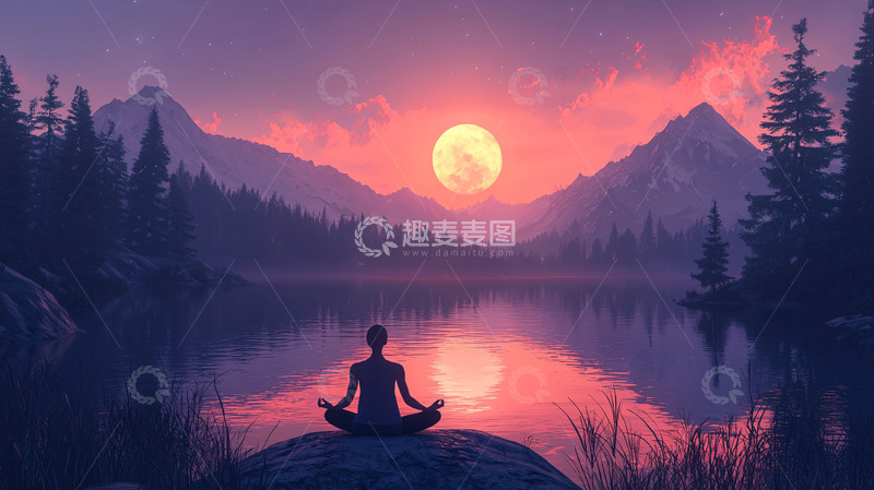 高清大图下载【趣麦麦图】日落湖边冥想女子