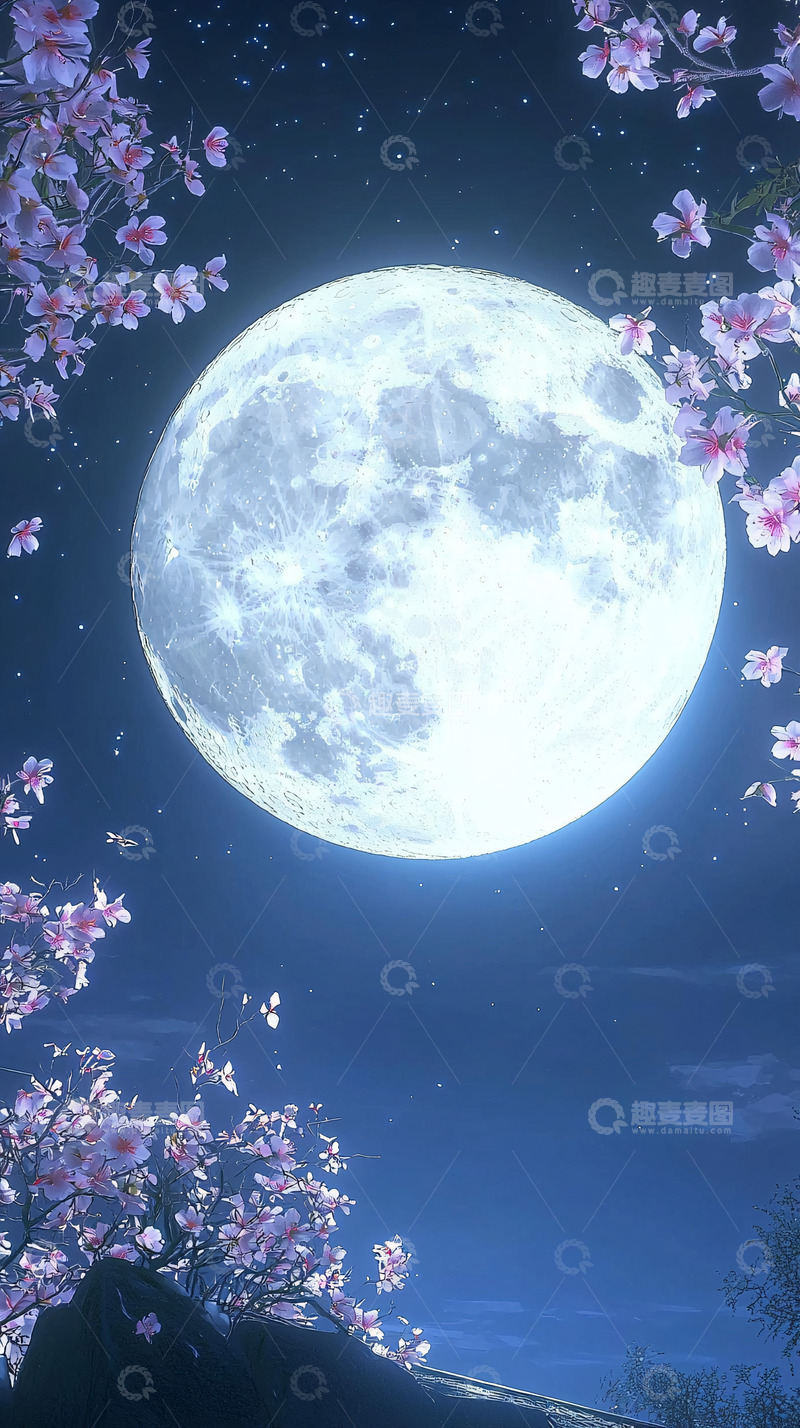 高清大图下载【趣麦麦图】唯美月亮樱花夜空