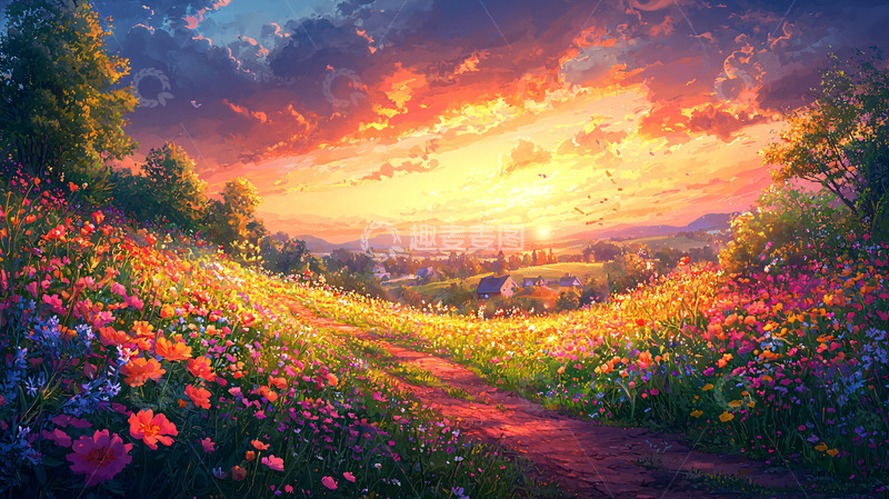 高清大图下载【趣麦麦图】绚丽多彩的田园风光落日