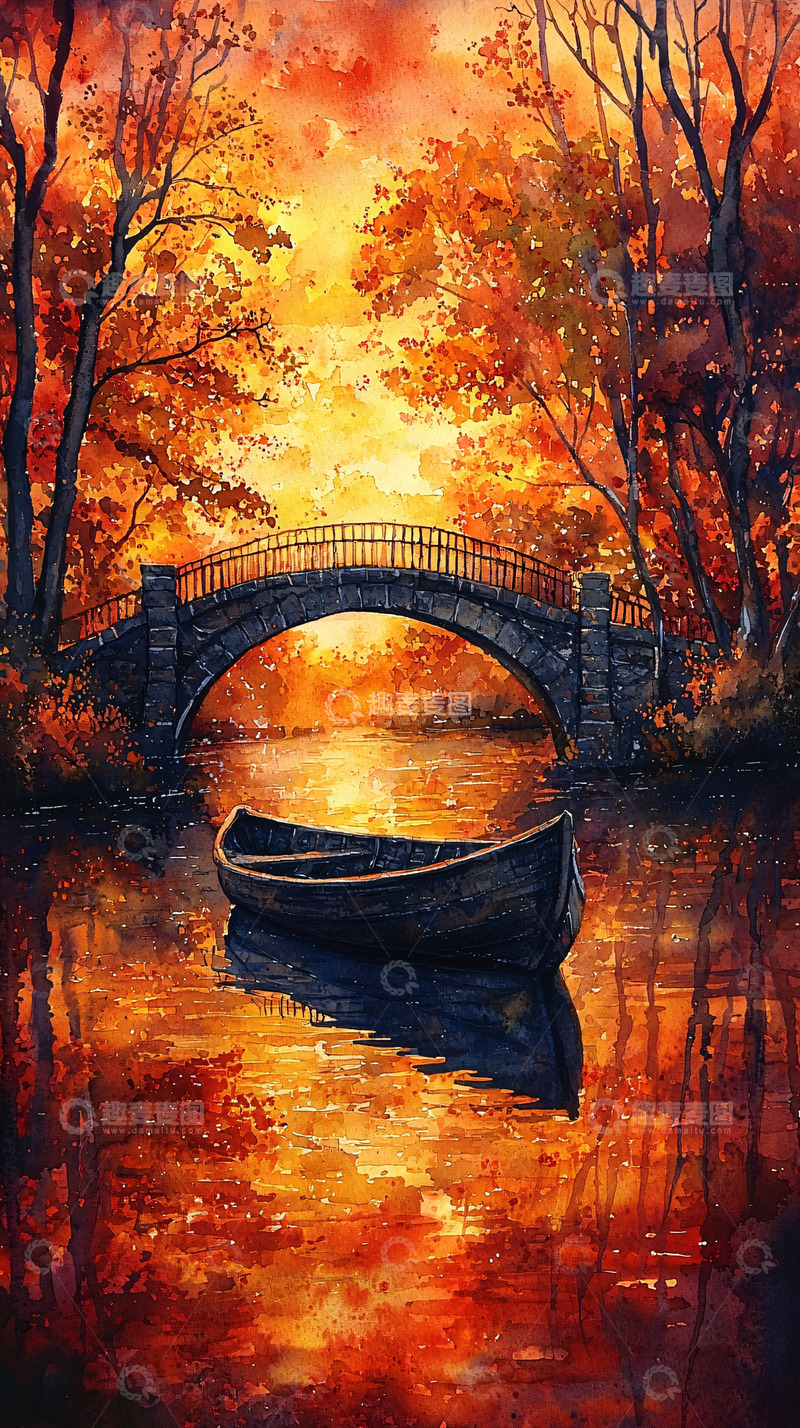 高清大图下载【趣麦麦图】秋日湖面小桥流水静谧