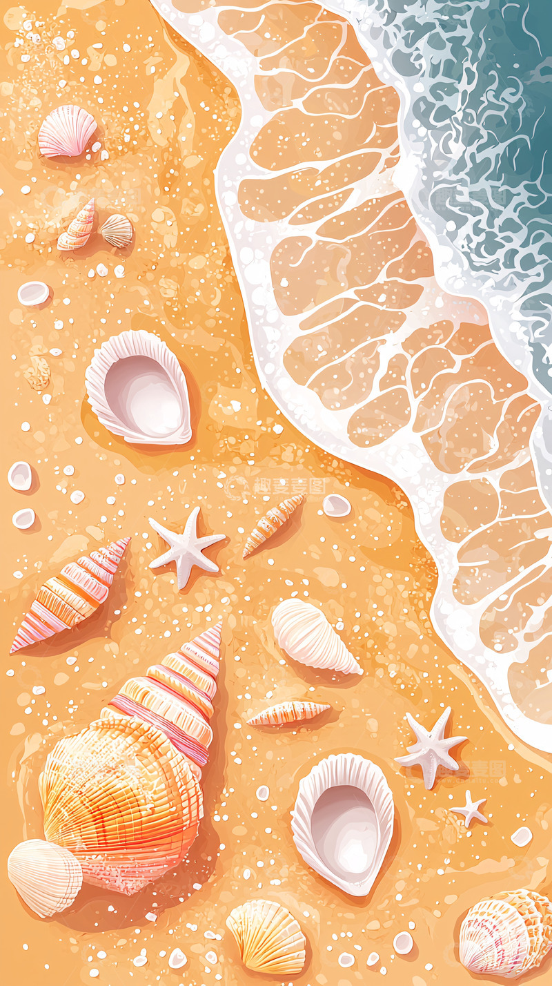 高清大图下载【趣麦麦图】海滩上的贝壳和海浪
