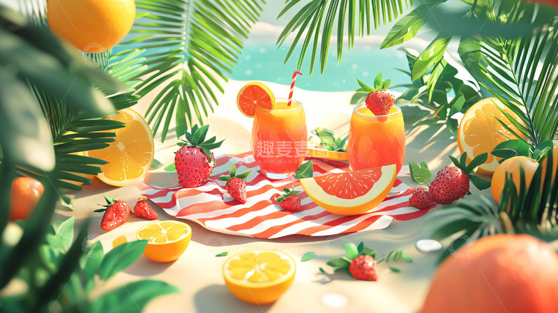 高清大图下载【趣麦麦图】沙滩水果饮料