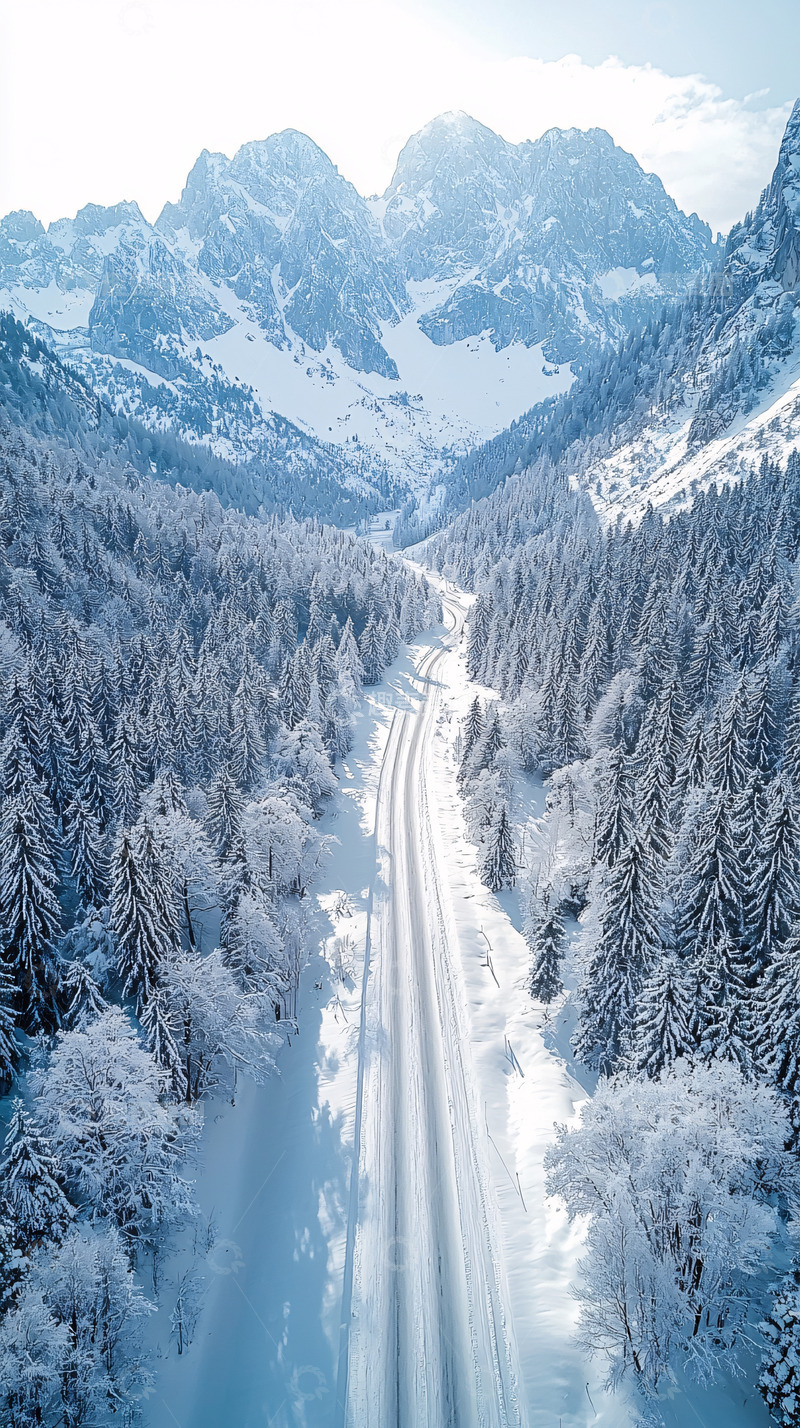 高清大图下载【趣麦麦图】雪山森林公路景观