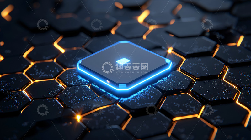 高清大图下载【趣麦麦图】蓝色光晕芯片在蜂窝背景上