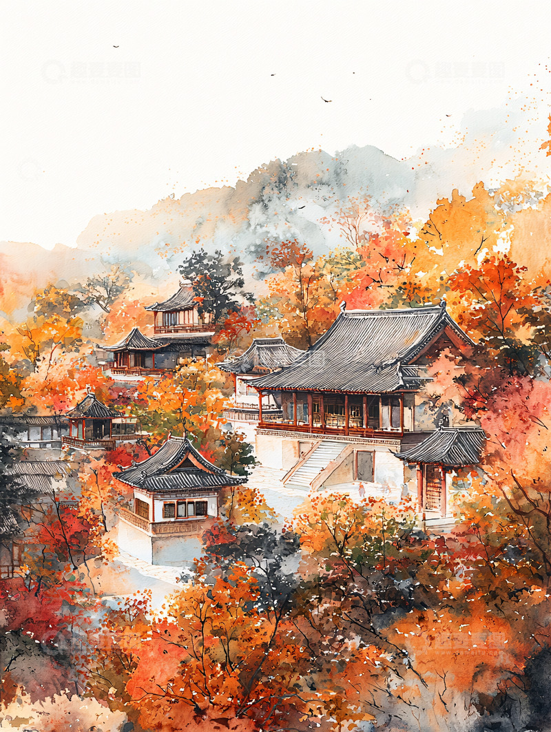 高清大图下载【趣麦麦图】秋日山间古建筑