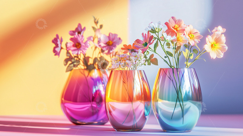 高清大图下载【趣麦麦图】彩色玻璃花瓶插花