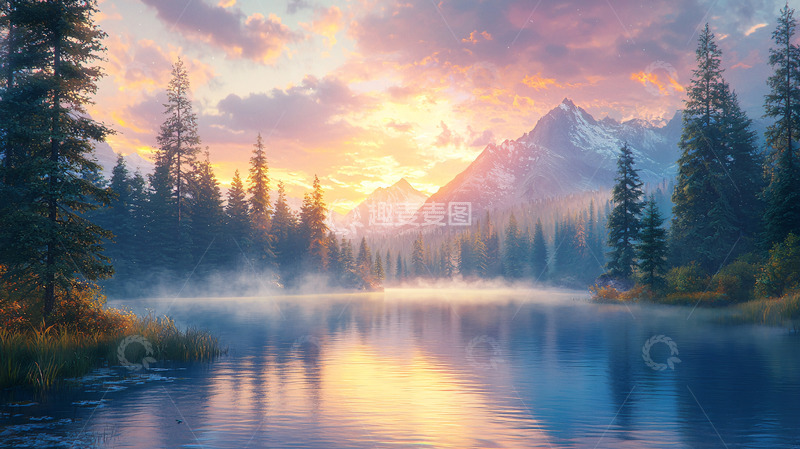 高清大图下载【趣麦麦图】清晨山峦湖泊日出