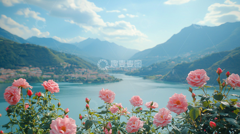 高清大图下载【趣麦麦图】粉红玫瑰与山峦湖泊