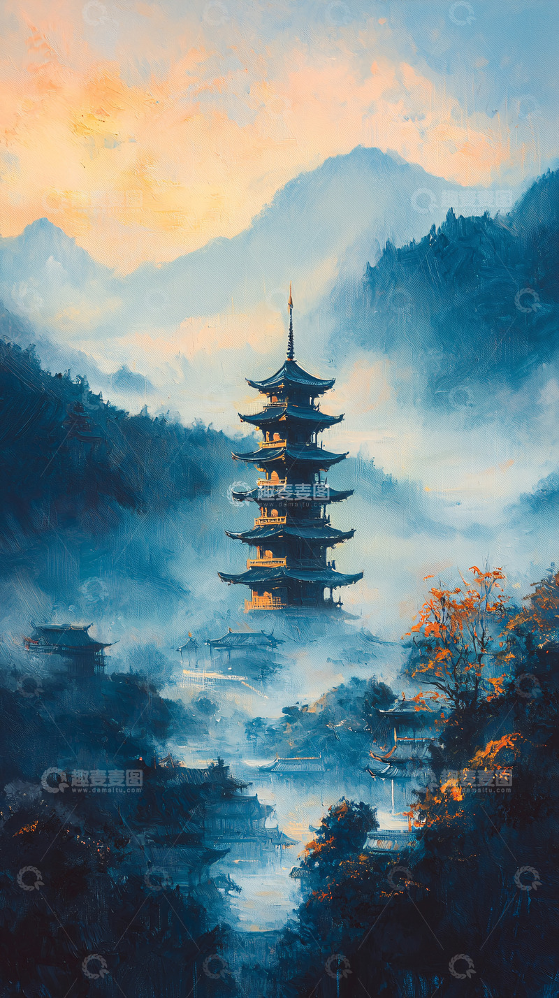 高清大图下载【趣麦麦图】日式古塔耸立云间