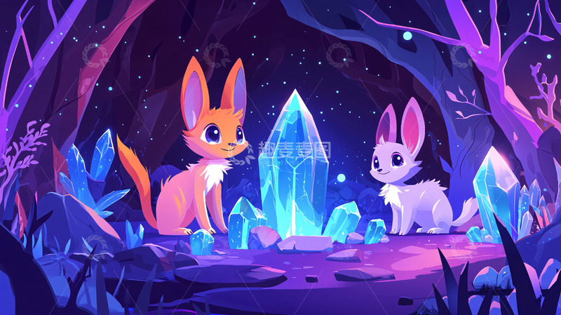 高清大图下载【趣麦麦图】夜晚森林奇幻小动物