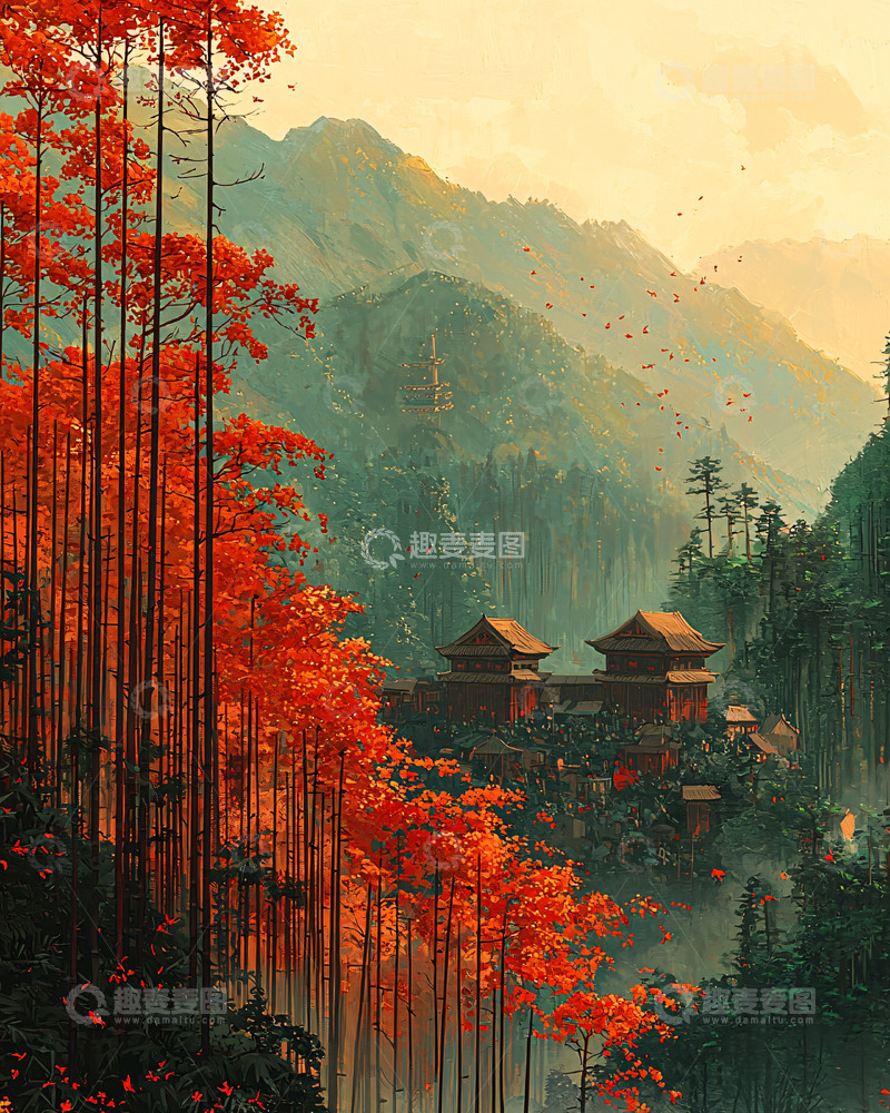 高清大图下载【趣麦麦图】秋日山间古寺景色