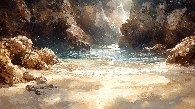 高清大图下载【趣麦麦图】海岸岩石与海水的绘画风格