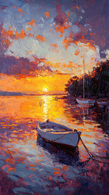 海边日落渔船停泊