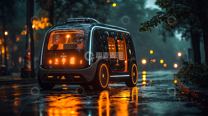 高清大图下载【趣麦麦图】夜晚雨中自动驾驶汽车