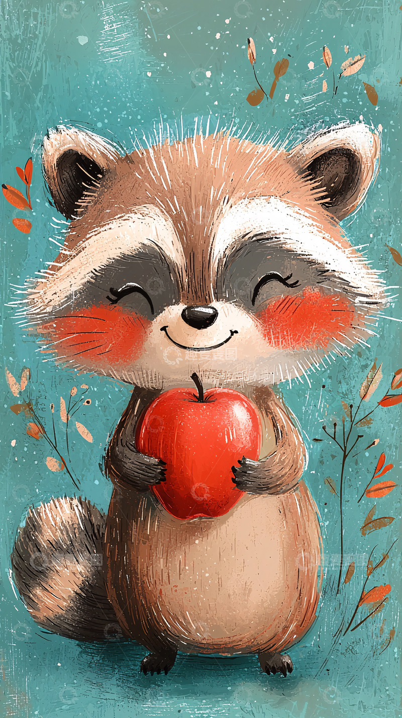 高清大图下载【趣麦麦图】可爱浣熊抱着红苹果