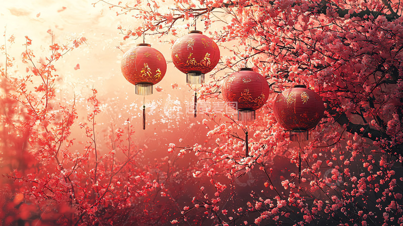 高清大图下载【趣麦麦图】红色灯笼挂在开满红花的树上