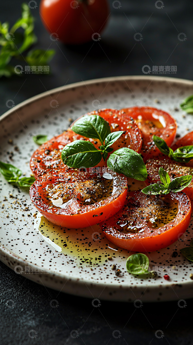 高清大图下载【趣麦麦图】番茄沙拉配罗勒特写