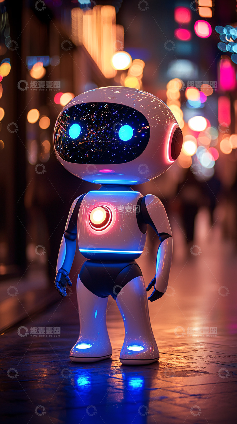 高清大图下载【趣麦麦图】夜间城市背景下的小机器人