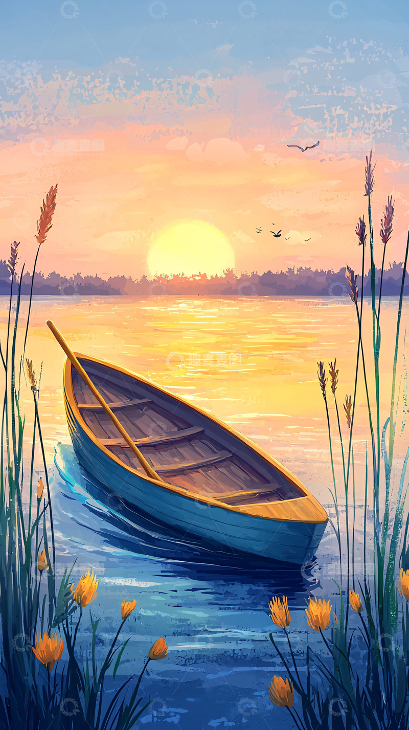 高清大图下载【趣麦麦图】夕阳西下小船湖泊