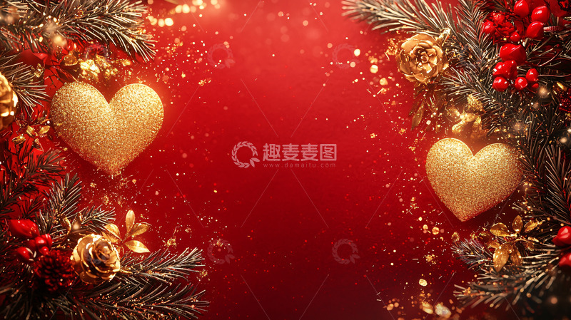 高清大图下载【趣麦麦图】红色背景金色爱心圣诞装饰